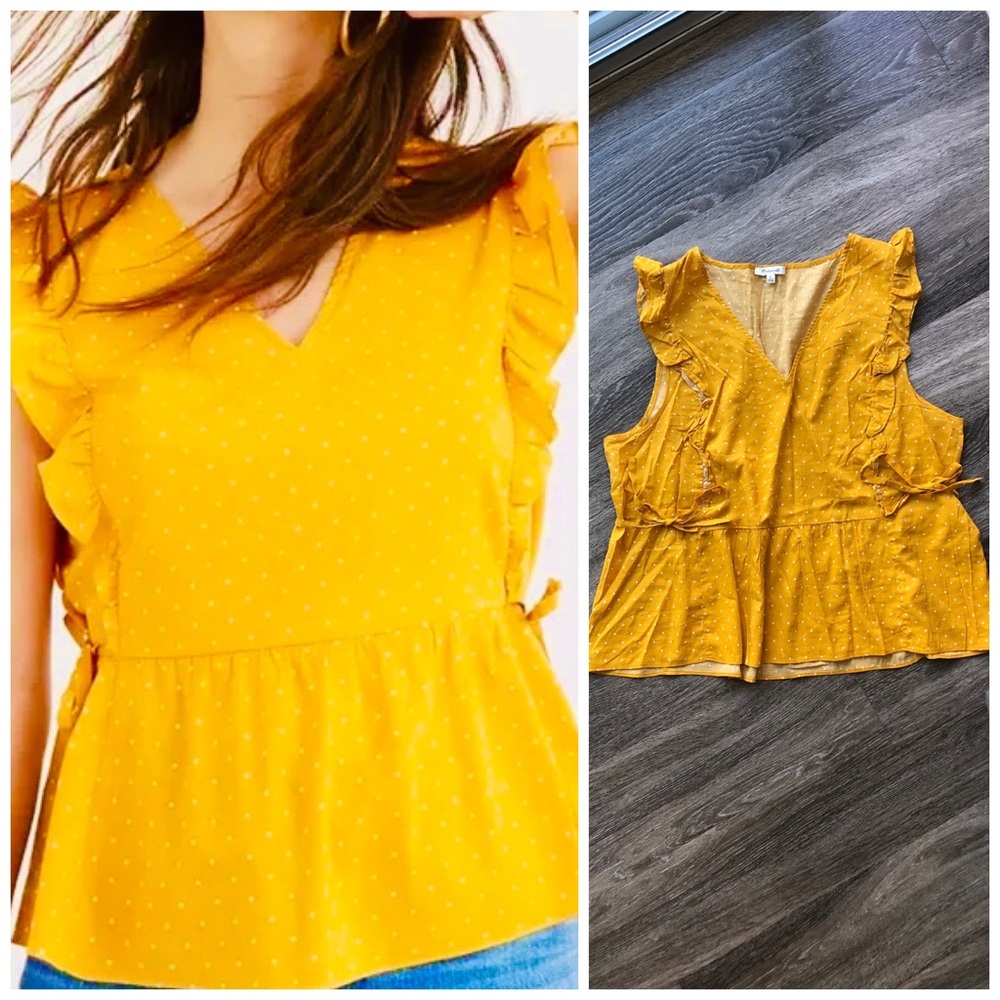 Madewell Side Tie Ruffle Peplum Top Yellow with White Polka Dot Size XL
